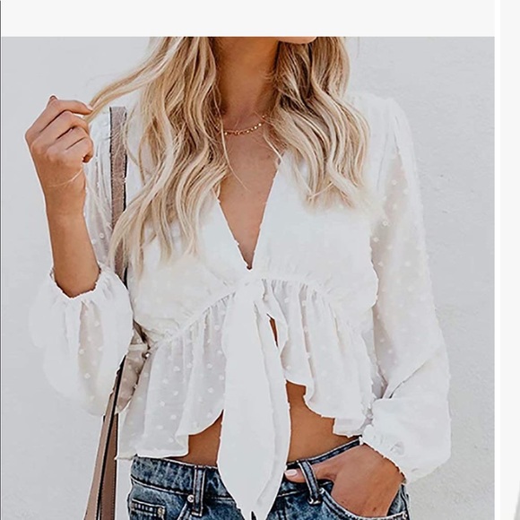 Tie Knot Crop Top Long Sleeve Neck Ruffle Chiffon - Picture 3 of 3